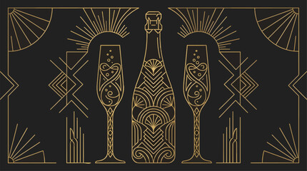 Art deco champagne bottle and two glasses with bubbles, gold line art on black background, celebratory graphic © Ratih Dyah L
