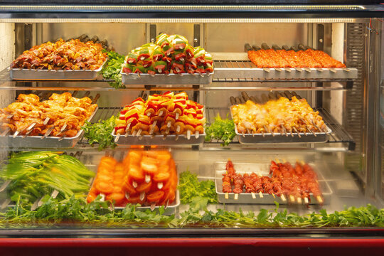Raw Meat and Vegetable Skewers Shashlik Kebabas Ready for Grilling in Fridge