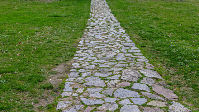 Stepping Stone Tiles Pathway Straight Walkway Grass Lawn in Green Park
