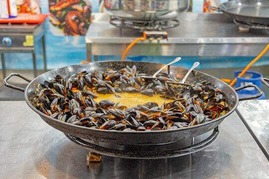 Steamed Mussels Seafood Stew Mediterranean Cuisine in Big Pan