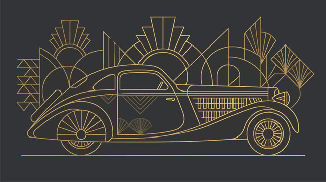 Vintage art deco car illustration with geometric sunburst background, elegant gold line art on dark