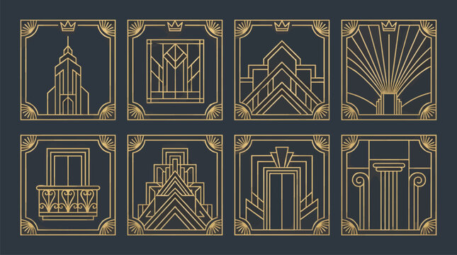 Art deco building facades and architectural elements icon set, gold line art on dark background, graphic design elements