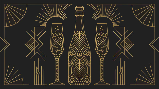 Art deco champagne bottle and two glasses with bubbles, gold line art on black background, celebratory graphic