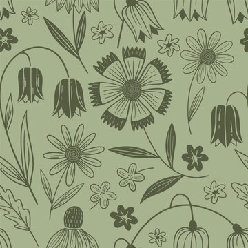Seamless floral pattern with hand drawn daisies, bell flowers, small wildflowers and leaves on a sage green background.
