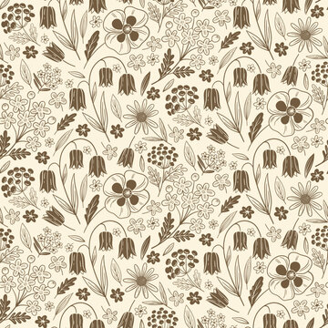 Seamless hand drawn botanical pattern featuring bell flowers, daisies, wildflowers, delicate flowering branches, seed pods and leafy stems in warm brown and gray tones on a cream background