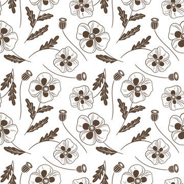Seamless hand drawn pattern featuring delicate stylized poppy flowers, leafy sprigs, seed pods and botanical stems in warm brown tones on a white background.