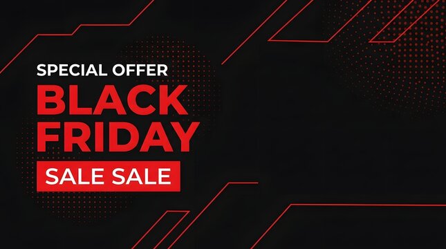 Black friday sale banner with red geometric lines on dark background