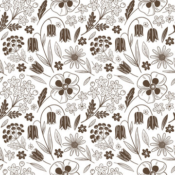 Seamless hand drawn botanical pattern featuring bell flowers, daisies, wildflowers, delicate flowering branches, seed pods and leafy stems in warm brown and gray tones on a cream background. 