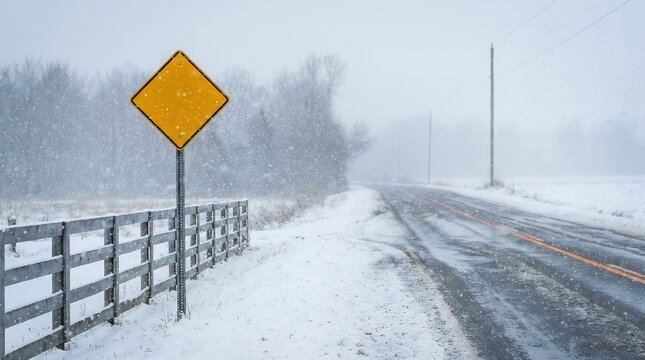 A lone yellow diamond warning sign stands beside a snow covered rural road during a heavy snowfall with trees and power lines visible in the distance 179 characters winter