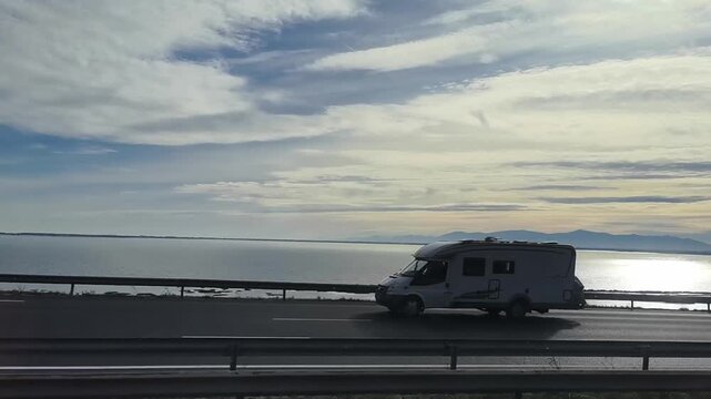 Spectacular stretch of the French A9 motorway (La Languedocienne) at sunset.