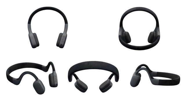 Wireless sports headphones and bone conduction headset on white background for technology, audio equipment and workout gear. Black electronic device, earphone and music gadget for fitness, run and gy