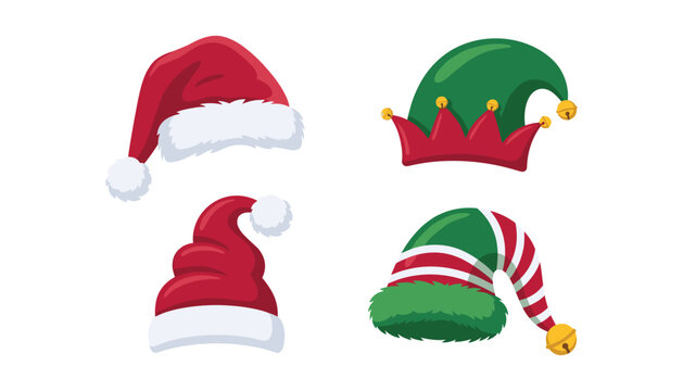 Christmas santa claus and holiday elf hats vector collection set with festive red and green costume headwear elements