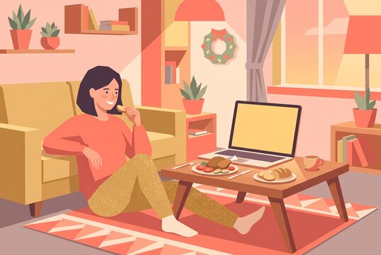 young woman eating holiday dinner alone during virtual video call with blank laptop screen flat illustration - ai generated