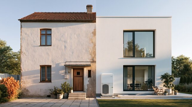 Before and after home retrofit showing old facade and modern renovation with new features Generative AI