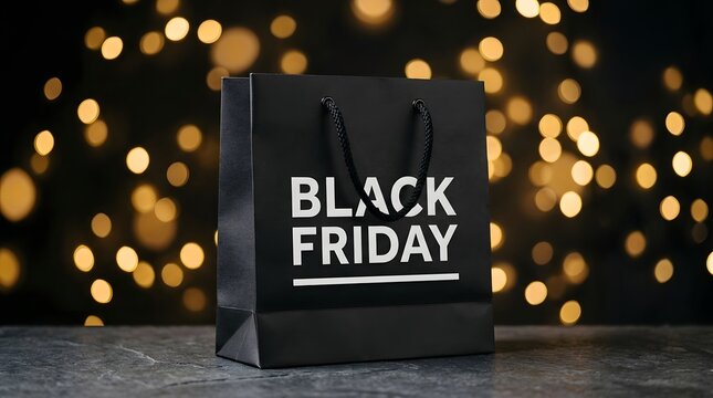 Black friday shopping bag with bokeh lights background