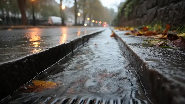 Water flows rapidly down a stone street gutter during a rainy autumn day.