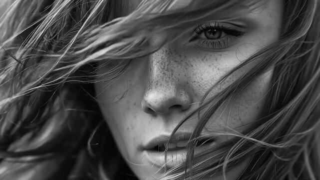 Woman with freckles and windblown hair poses for a dramatic black and white portrait.