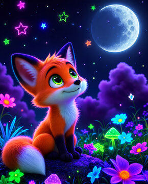Cute orange fox with green eyes sits on rock gazing at glowing moon amid neon stars, purple clouds, glowing flowers and mushrooms