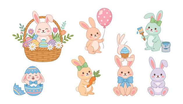 Cute Easter bunny vector sticker set with cartoon rabbits colored eggs basket balloon carrot cupcake and paint brush