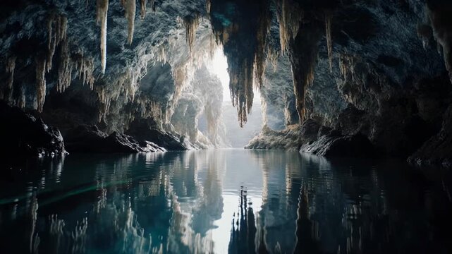 Subterranean Cave Interior With Stalactites And Reflections.