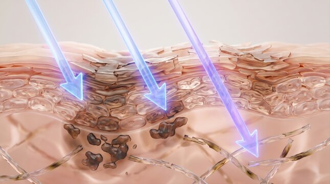 A 3D medical illustration showing ultraviolet rays penetrating human skin layers causing damage.