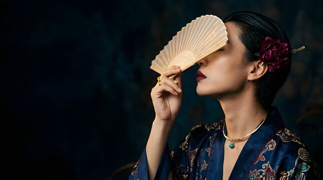 Woman in elegant traditional Asian dress holding a folding fan creatively framed