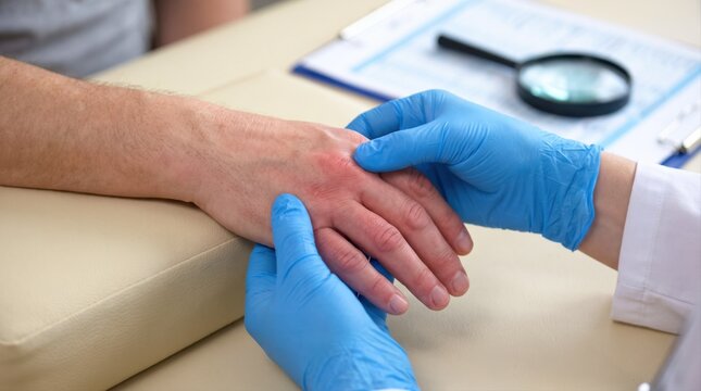 A healthcare provider wearing blue gloves conducts a physical examination on a patient's hand.