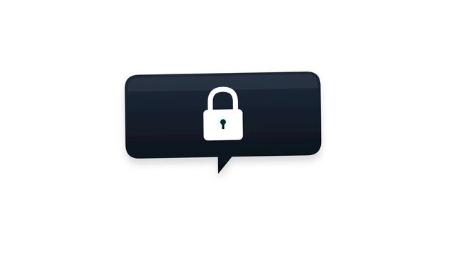 Black speech bubble with a white padlock icon on a white background.