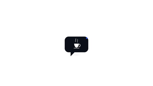 Speech bubble icon with coffee cup symbol on dark background.