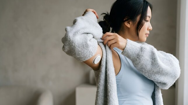 Woman trying on clothes and adjusting her fit at home wonderfully displayed
