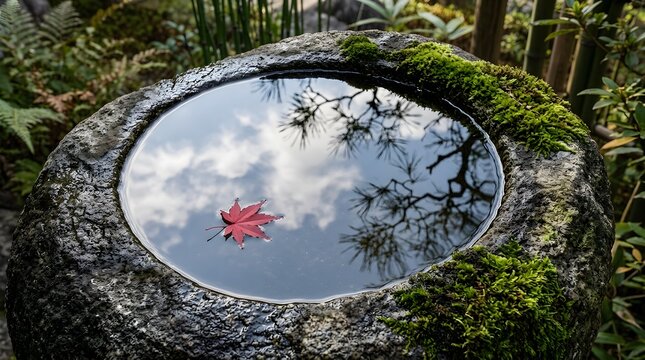 Reflection of the sky and trees in a stone water basin beautifully framed