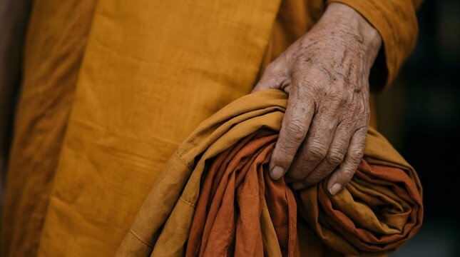 Close up detail of a Buddhist monk wearing an orange robe beautifully rendered