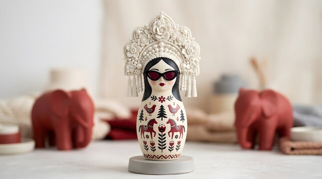 Traditional Asian wooden dolls sitting on a table beautifully developed