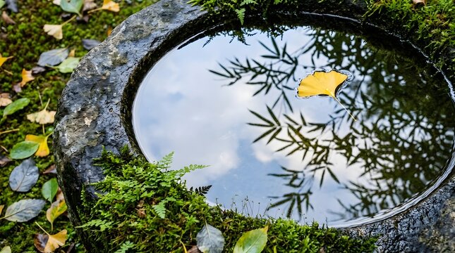 Reflection of the sky and trees in a stone water basin elegantly illuminated