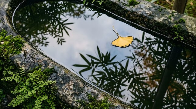 Reflection of the sky and trees in a stone water basin elegantly lit