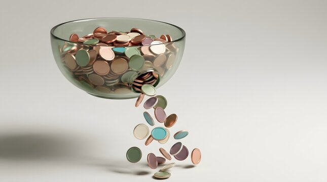 Gold coins overflowing and pouring into a silver bowl elegantly captured