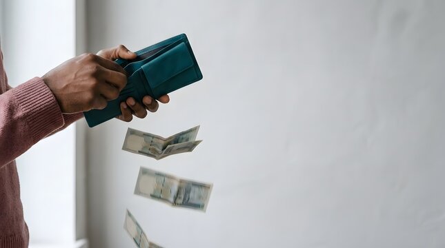 Person holding a wallet with paper money flying away elegantly showcased