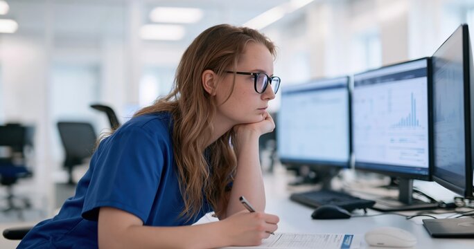 Nurse and doctor working at hospital desk with computer monitors in medical office