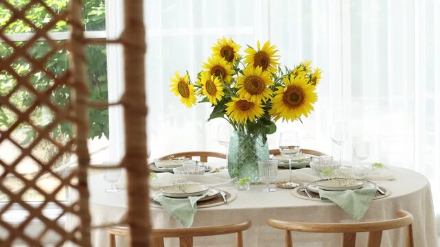 Beautiful place setting with floral decor on table indoors, camera moving right