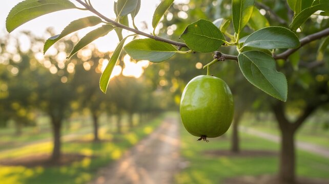 Single green jujube fruit hanging on a branch in a sunny orchard with fruit tree raw food red date fresh fruit agriculture ziziphus sunlight