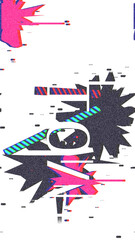 Obraz premium Vertical glitch art with pink starbursts and blue elements creating a vibrant abstract design.