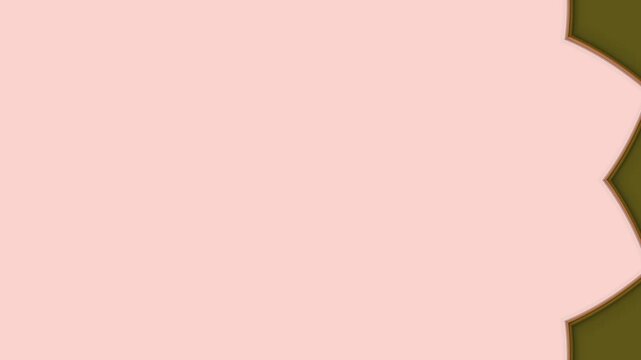 A soft pink background with a gentle green border frames an unfolding geometric pattern reminiscent of a flower or geometric design that gradually expands from the center