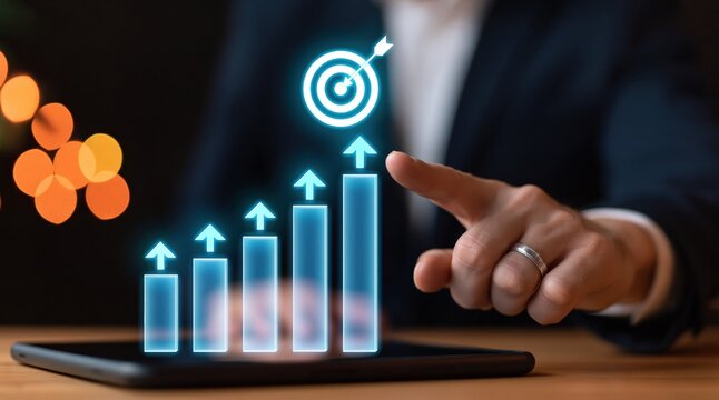 Business professional using a tablet for growth strategy and success goal chart