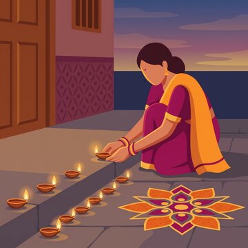 indian woman lighting diya oil lamps on doorstep for diwali festival flat illustration - ai generated