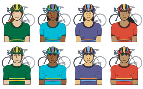 diversity, race, ethnicity of racing cyclist vector icons, male and female, wearing helmet, isolated on a white background