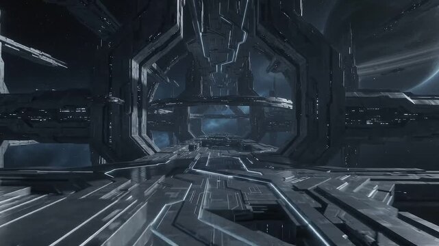 Futuristic Sci-Fi Space Station Interior Hallway with Blue Energy Portal