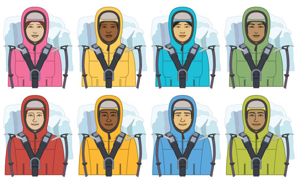 diversity, race, ethnicity of alpine mountain climber vector icons, male and female, wearing winter jacket and helmet with harness and belt, including snowy iced mountain, isolated on a white backgrou
