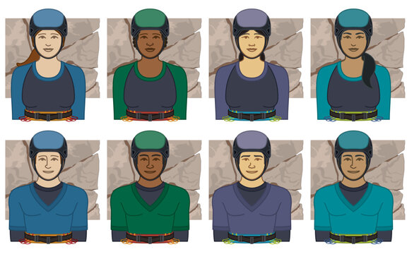 diversity, race, ethnicity of rock climber vector icons, male and female, wearing belt and helmet, including rock face, isolated on a white background