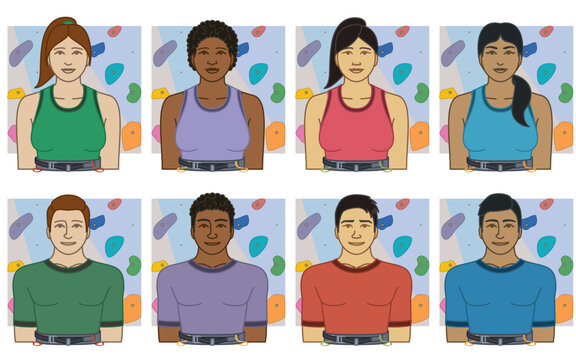 diversity, race, ethnicity of sport wall climber vector icons, male and female, wearing belt, including indoor climbing wall, isolated on a white background