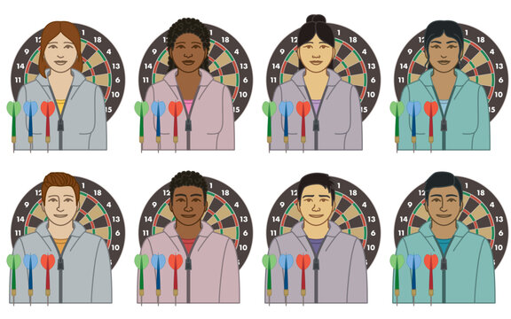 diversity, race, ethnicity of darts player vector icons, male and female, with dart board and set of three darts, isolated on a white background